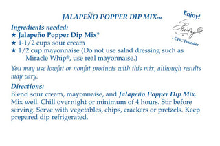 Country Home Creations Jalapeño Popper Dip Mix recipe instruction card with ingredients and directions