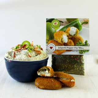 Country Home Creations Jalapeño Popper Dip Mix packet beside prepared dip and jalapeño poppers