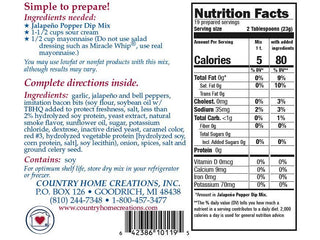 Country Home Creations Jalapeno Popper Dip Mix packet showing ingredients and nutrition facts label