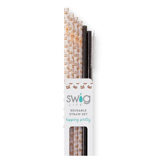 Swig Life reusable straw set with Jeepers Creepers pattern and black glitter straws in white packaging