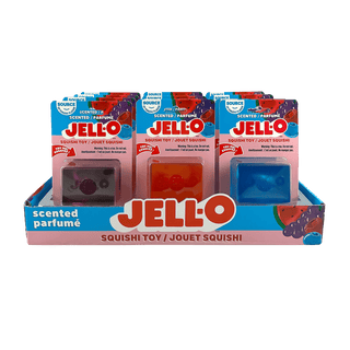 Display box of Jello squishy toys with red, blue, and pink packaging.