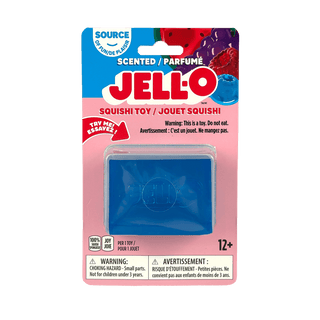Jell-O squishy toy packaging with blue toy inside 