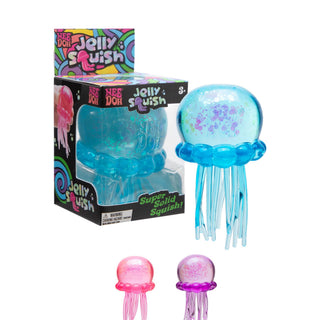 Nee Doh Jelly Squish jellyfish stress toys in blue, pink, and purple with glitter