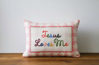 Jesus Loves Me Pink Check Pillow