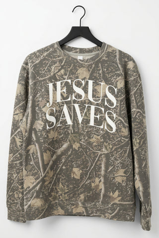 Jesus Saves camo crewneck sweatshirt with woodland branch and leaf pattern