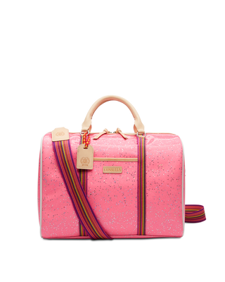 Consuela Jet Setter Bae pink glitter duffel bag with striped crossbody strap and tan leather handles