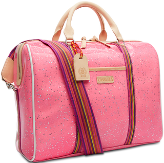Consuela Jet Setter Bae pink glitter travel bag with multicolor striped strap and tan leather handles
