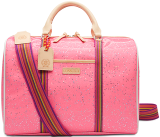 Consuela Jet Setter Bae pink glitter travel bag with multicolor striped shoulder strap