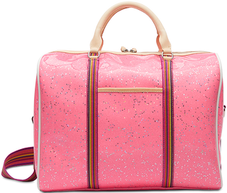 Consuela Jet Setter Bae pink glitter duffle bag with rainbow stripe straps and tan handles