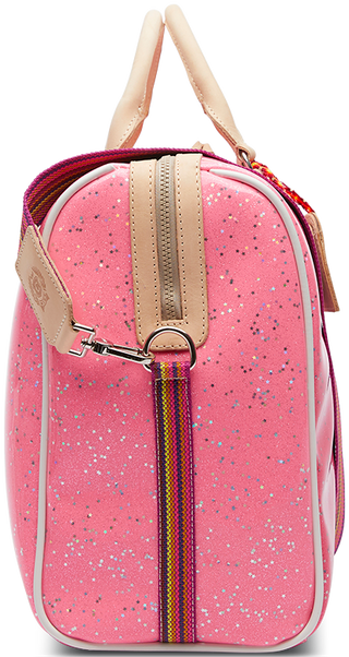 Side view of Consuela Jet Setter Bae pink glitter duffel bag with multicolor strap
