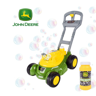John Deere toy bubble mower in green and yellow with included bubble solution bottle