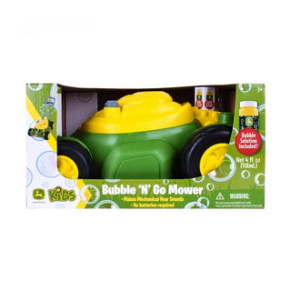 John Deere Kids Bubble N Go Mower toy in green and yellow packaging with bubble solution included
