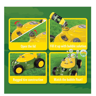 Step-by-step guide filling John Deere bubble mower reservoir for outdoor play