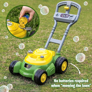 Close-up of John Deere toy mower filling bubble reservoir no batteries required