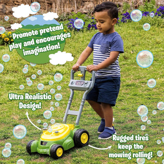 Boy pushing John Deere green and yellow bubble mower with rugged tires on lawn
