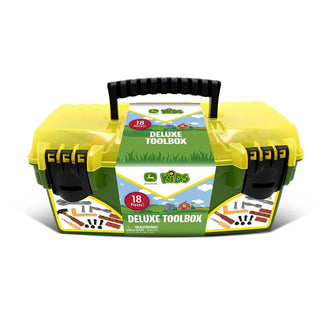John Deere Kids Deluxe Toolbox set with 18 pieces in yellow and green case