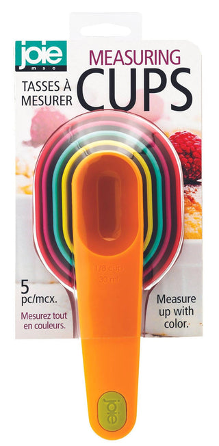 Joie 5-piece multicolor nesting measuring cups set in retail packaging, 1/8 to 1 cup