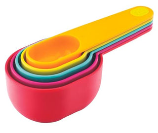 Joie 5-piece nested measuring cups in bright rainbow colors with long handles