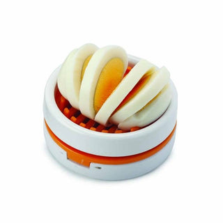 Joie Egg Slice and Wedge tool with sliced hard-boiled egg displayed on white background