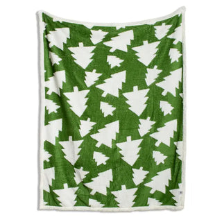 Green and white Christmas tree patterned plush throw blanket with sherpa border, 50x60 inches