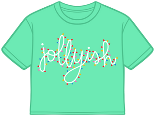 Mint green crop tee with cursive jollyish text wrapped in colorful Christmas lights