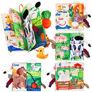 Joycat Baby Farm Cloth Book showing multiple pages with colorful farm animals and tactile elements