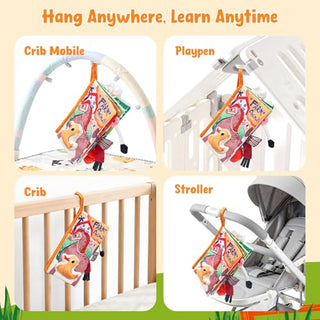 Joycat Baby Farm Cloth Book shown hanging on crib mobile, playpen, crib, and stroller