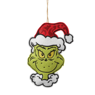 Felt two-sided Grinch ornament wearing Santa hat with mischievous expression, hanging by twine