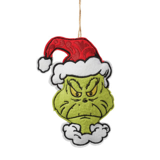 Felt two-sided Grinch ornament wearing Santa hat with angry expression, hanging by twine