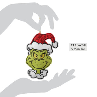 Grinch felt two-sided ornament with Santa hat, shown with size reference hands, 5.25 inches tall