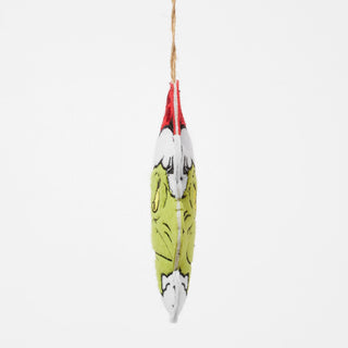 Side view of a felt two-sided Grinch holiday ornament hanging by jute twine