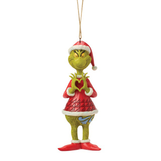 Enesco Grinch Santa ornament making heart shape with hands, hanging on twine cord