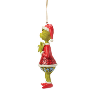 Enesco Grinch dressed as Santa Claus hanging ornament figurine, side view