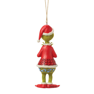 Back view of Grinch Santa costume hanging ornament figurine by Enesco on white background