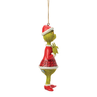 Enesco Grinch in Santa suit hanging ornament shown from side angle on white background
