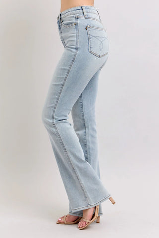 Judy Blue light wash bootcut jeans with contrast stitching and back pocket embroidery