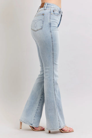 Judy Blue light wash bootcut jeans, side view, high rise, flare hem