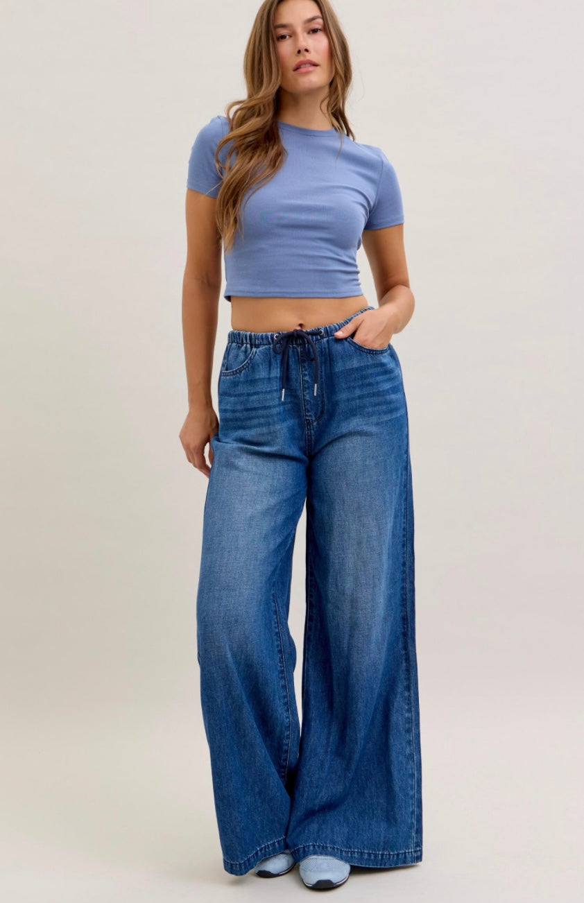 super comfy jeans with an elastic waist and wide leg