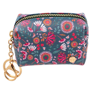 Karma keychain pouch in teal floral pattern with gold zipper and lobster clasp hardware