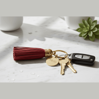 Red Faith tassel keychain styled with keys on marble surface lifestyle shot