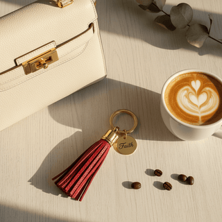 Flat lay of Faith tassel keychain with designer handbag and coffee