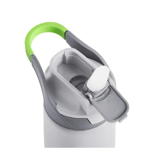 Gray kids stainless water bottle lid with lime green silicone loop handle and white pop-up straw