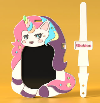 Unicorn writing tablet with pastel rainbow hair and glossy accessories