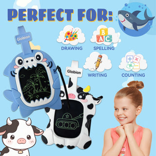 Blue shark and cow kids writing tablets with green drawings and Globion tags