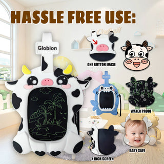 Cow writing tablet collage highlighting one button erase and waterproof features