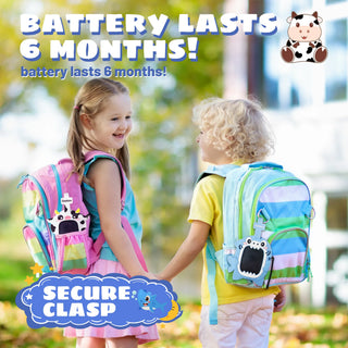 Cow and shark writing tablets attached to backpacks for on-the-go learning