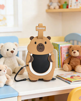 Capybara writing tablet on child desk in playroom showing tabletop stability