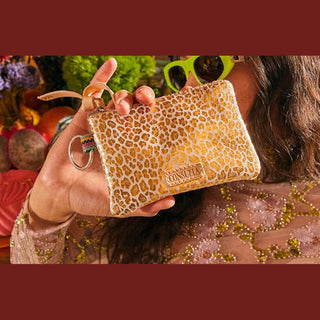 Consuela Kit Pouch gold jag print foiled leather with tan leather zipper pull and keyring
