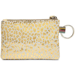 Flat-lay of Consuela Kit Pouch gold jag print on off-white foiled leather with silver hardware