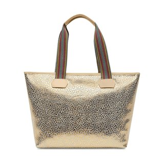 Gold metallic leopard print Kit Zipper Tote with multicolored striped woven handles